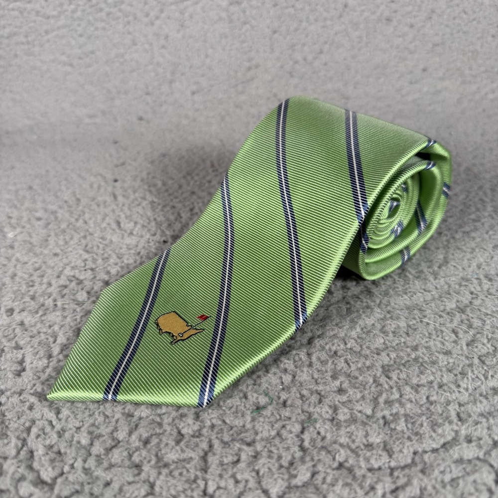 Masters Golf Club Tie Green Striped Logo W 3 L 58 100% Silk Dress Preppy Logo